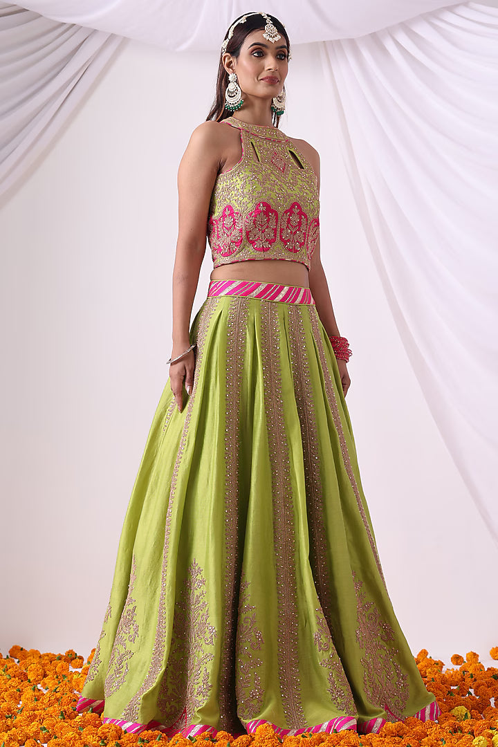 Parrot Green Banarasi Chanderi Zari Embroidered Lehenga Set