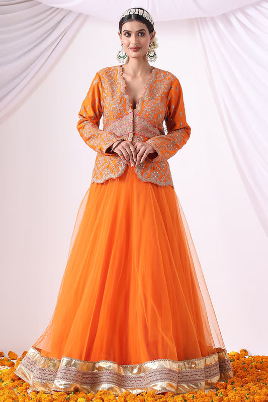 Orange Crushed Silk Skirt Set