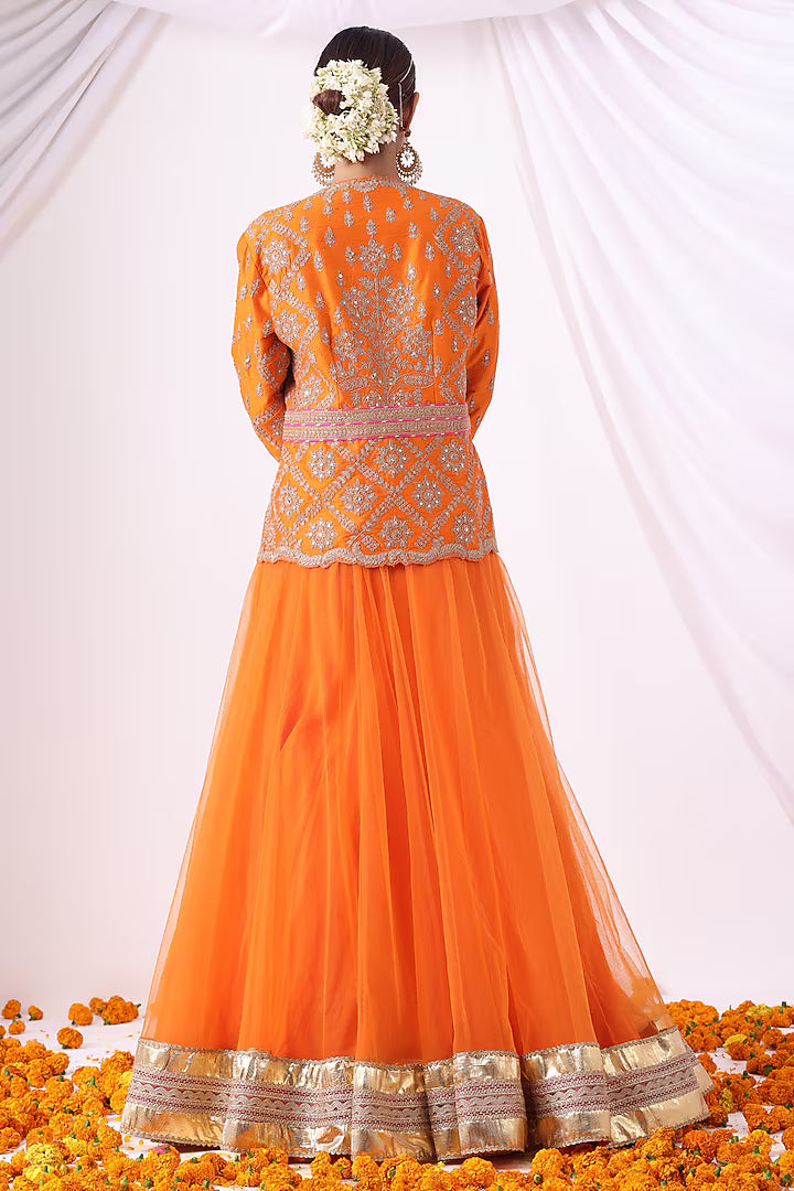 Orange Crushed Silk Skirt Set