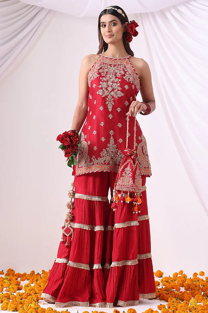 Red Dola Silk Gharara Set