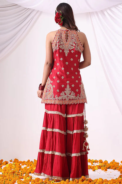 Red Dola Silk Gharara Set