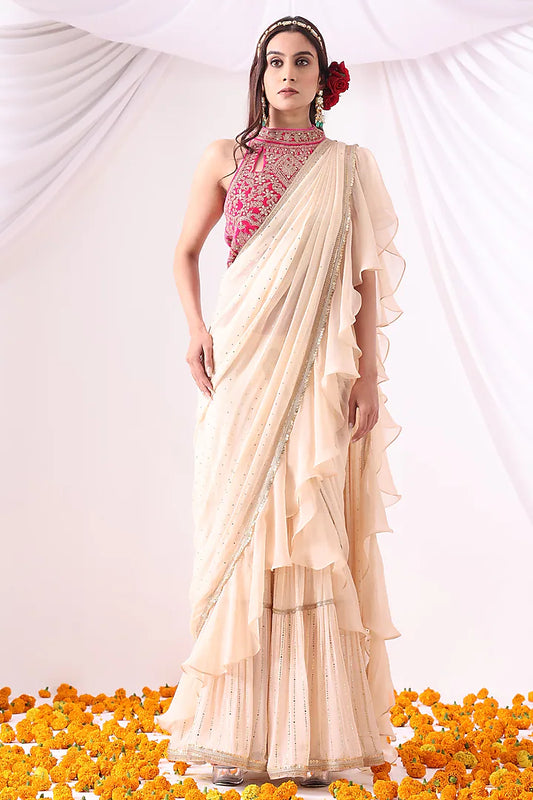 Ivory Georgette & Organza Zari Embroidered Ruffled Draped Saree Set
