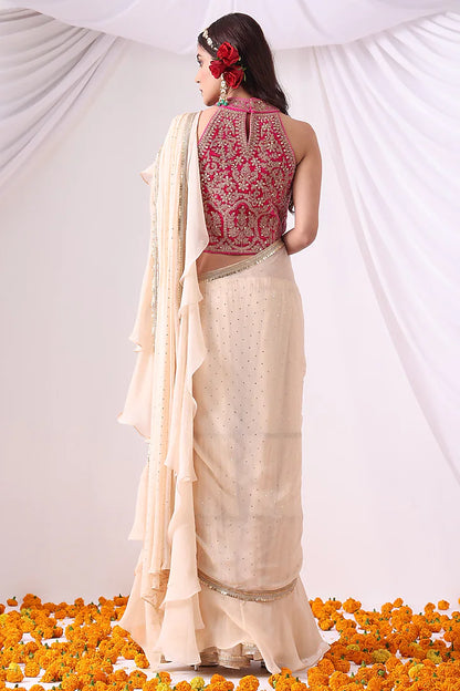 Ivory Georgette & Organza Zari Embroidered Ruffled Draped Saree Set