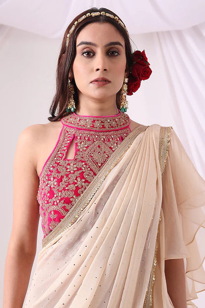 Ivory Georgette & Organza Zari Embroidered Ruffled Draped Saree Set
