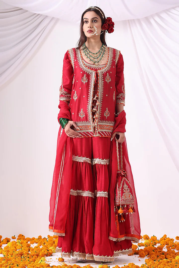 Maroon Dola Silk Zari Embroidered Gharara Set