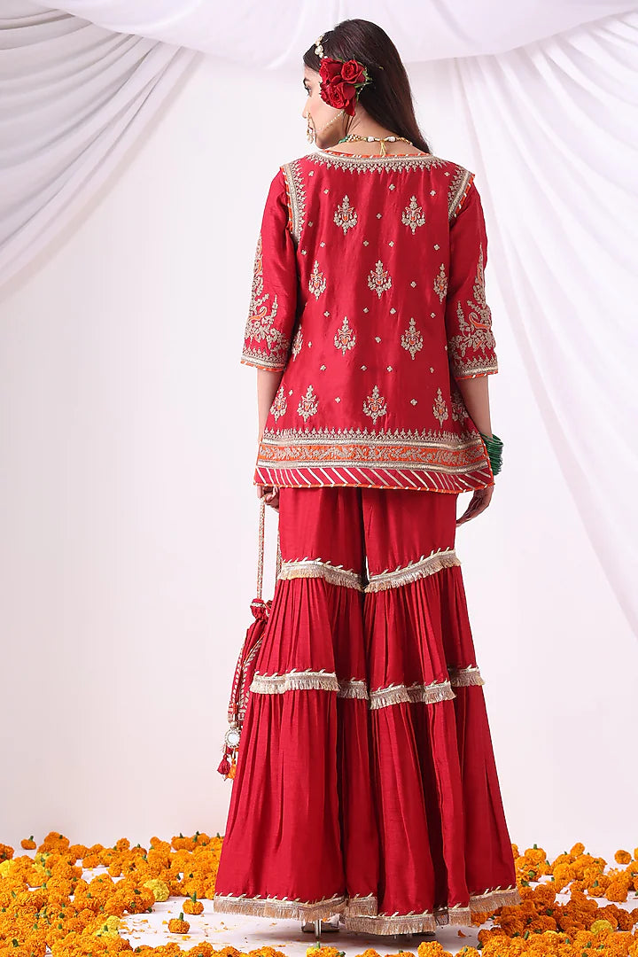 Maroon Dola Silk Zari Embroidered Gharara Set