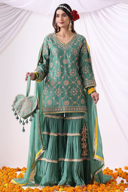 Serene Green Dola Silk Gharara Set