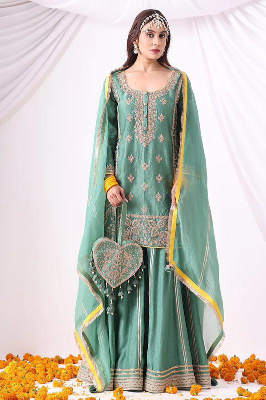 Pastel Green Banarasi Chanderi Zari Embroidered Sharara Set