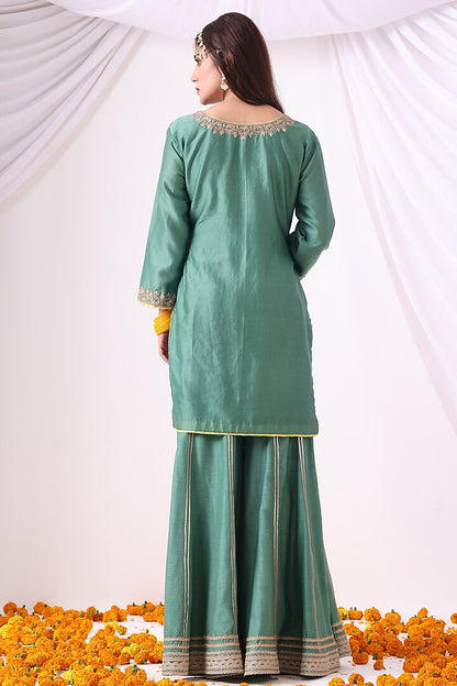 Pastel Green Banarasi Chanderi Zari Embroidered Sharara Set