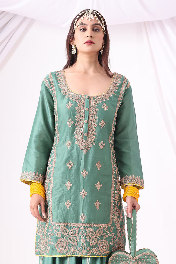 Pastel Green Banarasi Chanderi Zari Embroidered Sharara Set