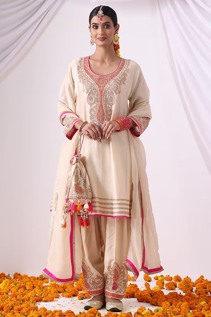 Beige Banarasi Chanderi Zari Embroidered Kurta Set