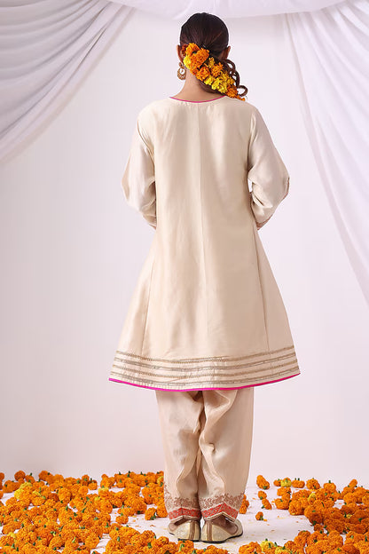 Beige Banarasi Chanderi Zari Embroidered Kurta Set