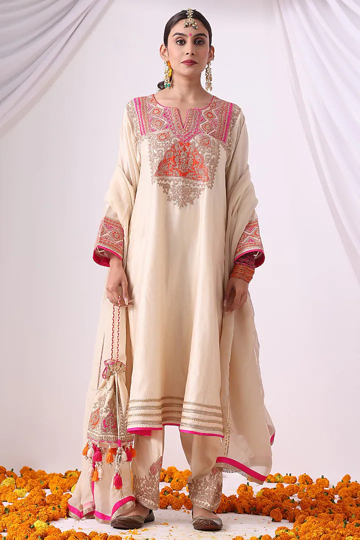 Beige Banarasi Chanderi Zari Embroidered Kurta Set