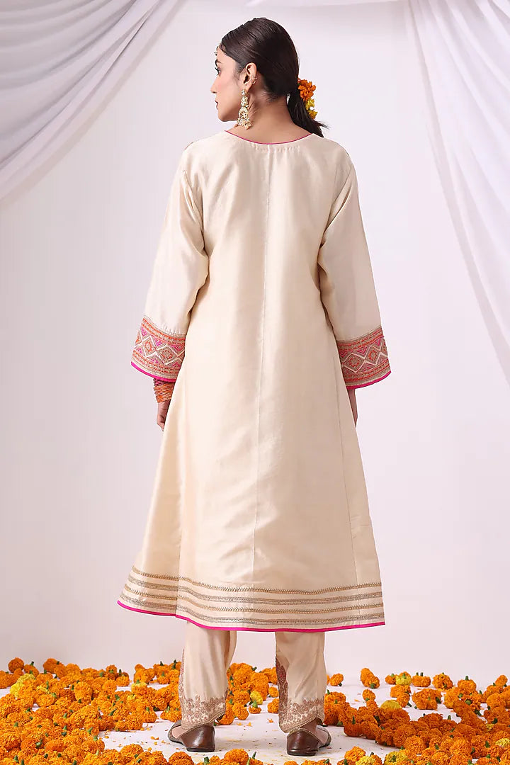 Beige Banarasi Chanderi Zari Embroidered Kurta Set