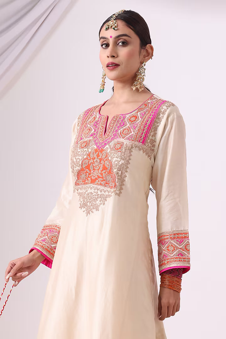 Beige Banarasi Chanderi Zari Embroidered Kurta Set