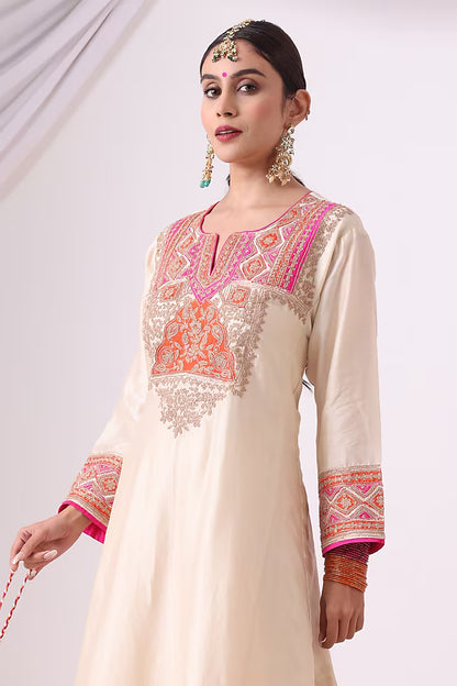 Beige Banarasi Chanderi Zari Embroidered Kurta Set