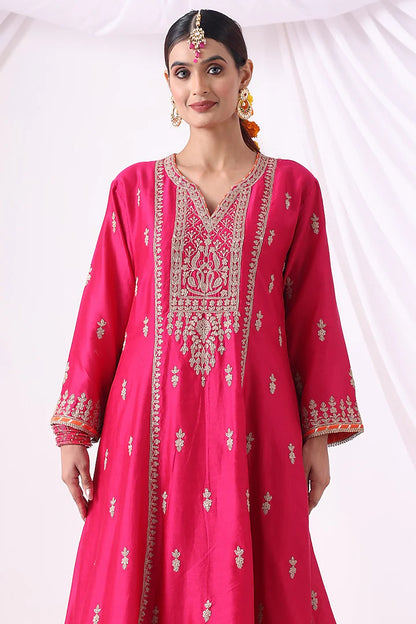 Magenta Banarasi Chanderi Threadwork Kalidar Kurta Set