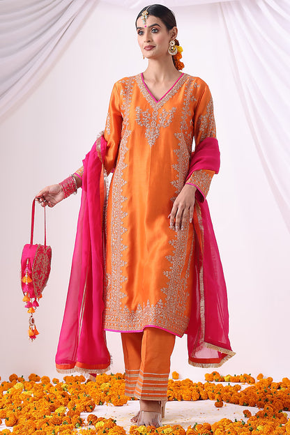 Orange Banarasi Chanderi Zari Embroidered Kurta Set