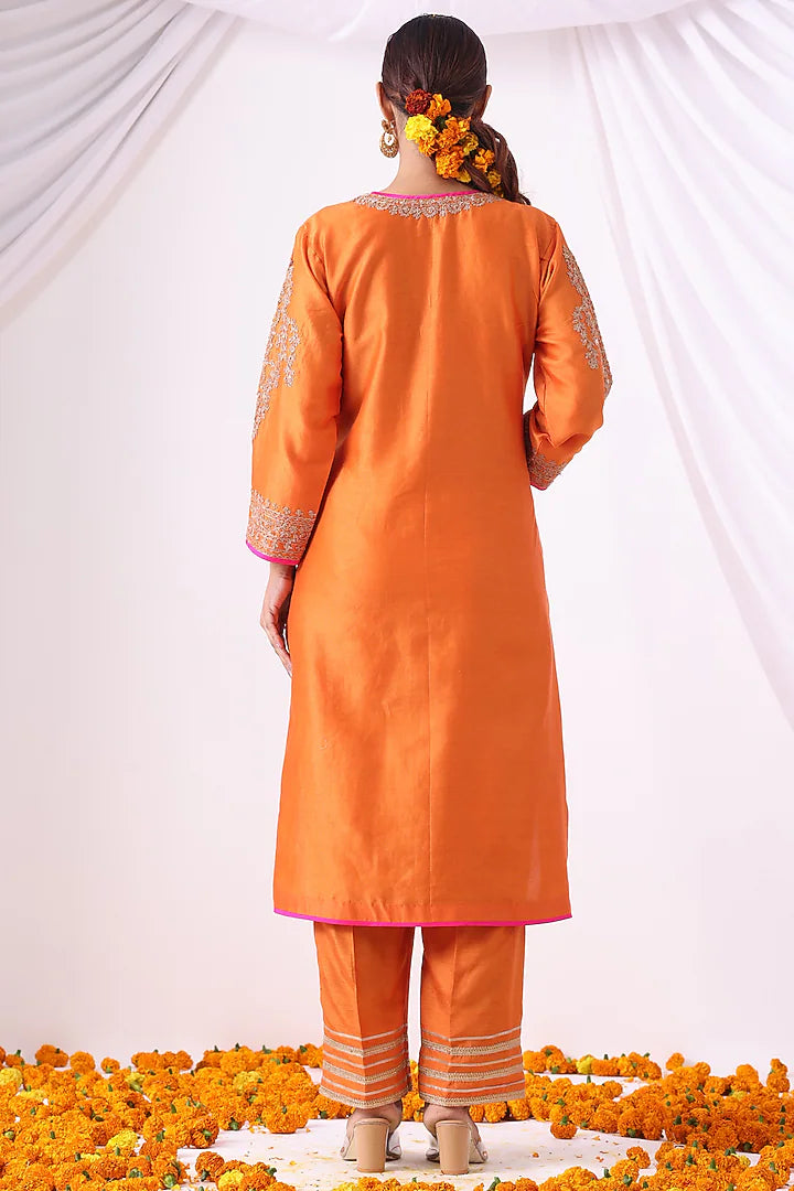 Orange Banarasi Chanderi Zari Embroidered Kurta Set