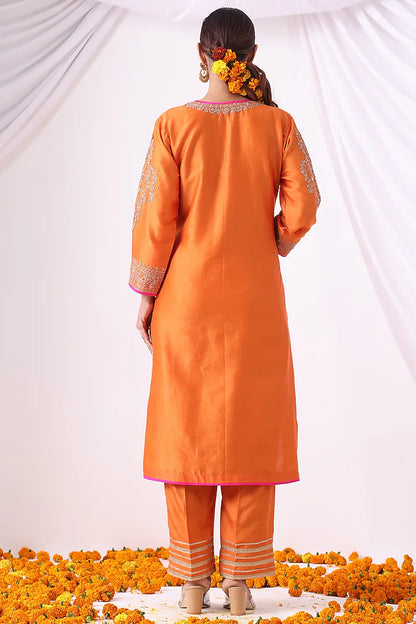Orange Banarasi Chanderi Zari Embroidered Kurta Set