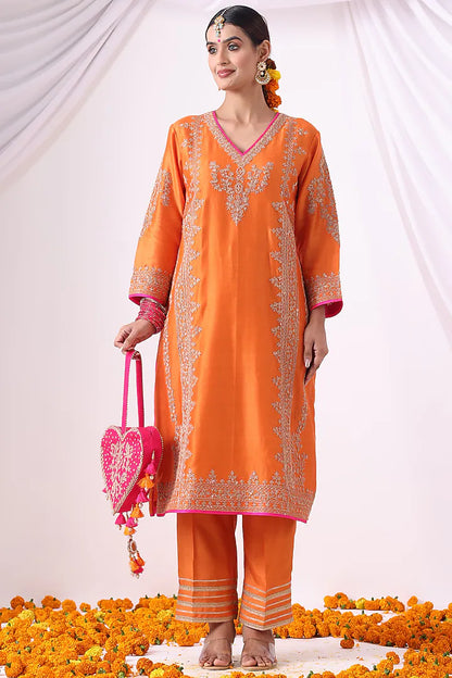 Orange Banarasi Chanderi Zari Embroidered Kurta Set
