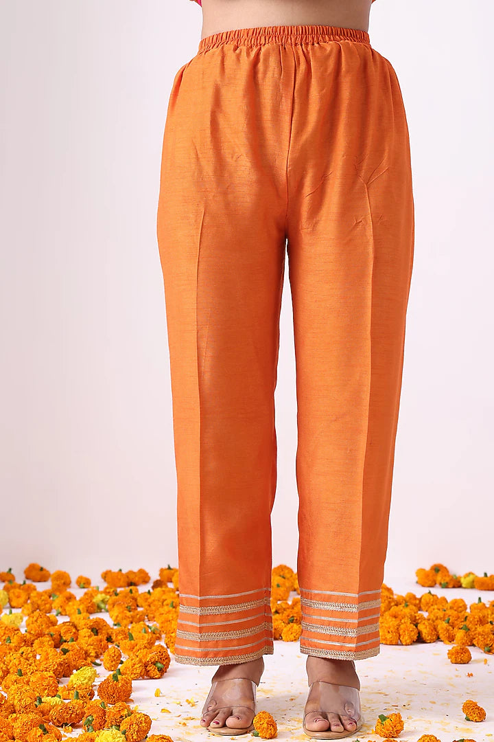 Orange Banarasi Chanderi Zari Embroidered Kurta Set
