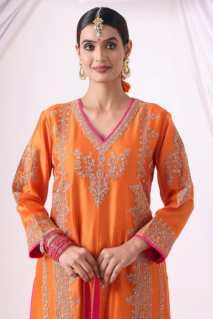 Orange Banarasi Chanderi Zari Embroidered Kurta Set