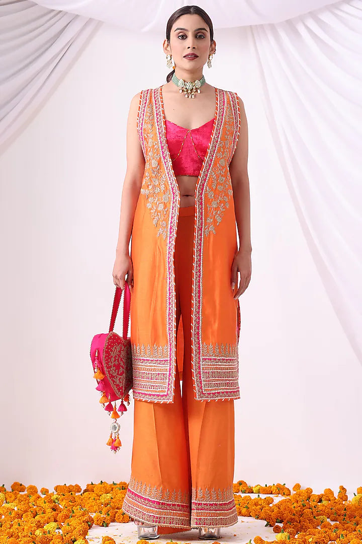Orange Banarasi Chanderi Zari Embroidered Jacket Set