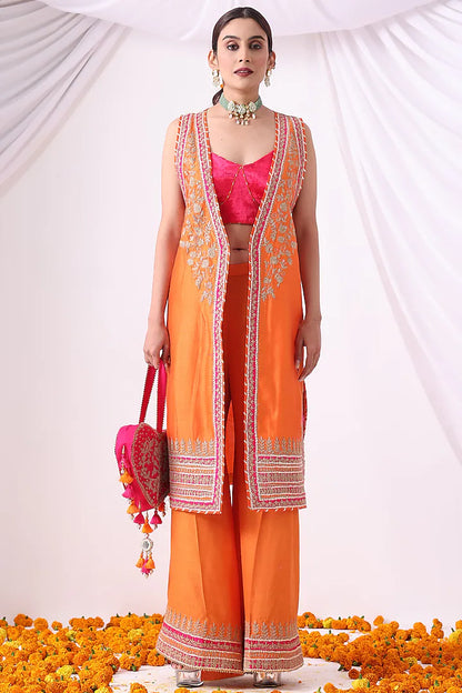 Orange Banarasi Chanderi Zari Embroidered Jacket Set