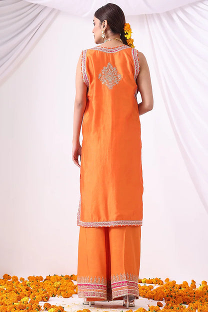 Orange Banarasi Chanderi Zari Embroidered Jacket Set