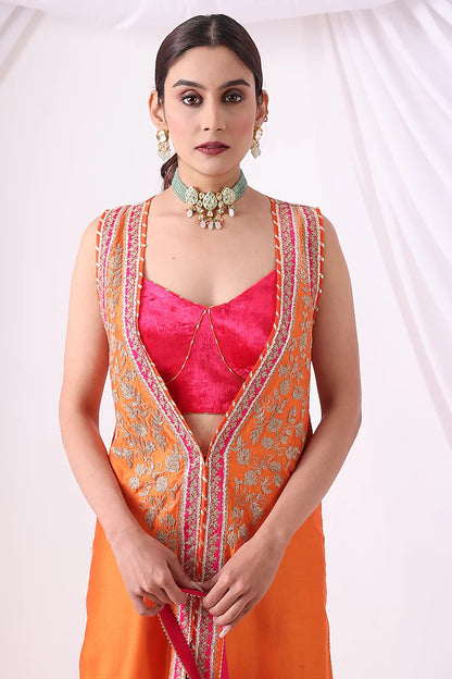 Orange Banarasi Chanderi Zari Embroidered Jacket Set