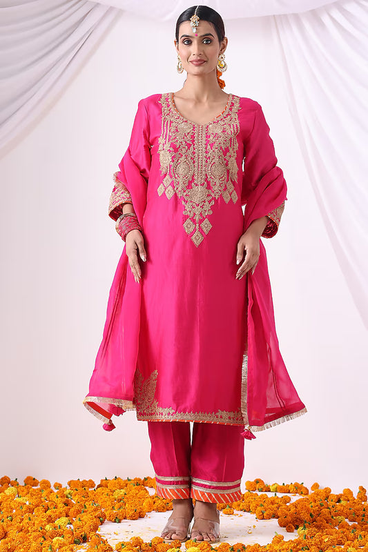 Magenta Pink Banarasi Chanderi Zari Embroidered Kurta Set