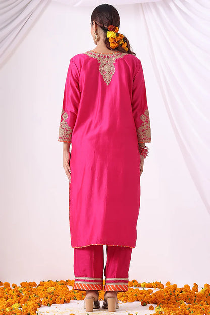 Magenta Pink Banarasi Chanderi Zari Embroidered Kurta Set