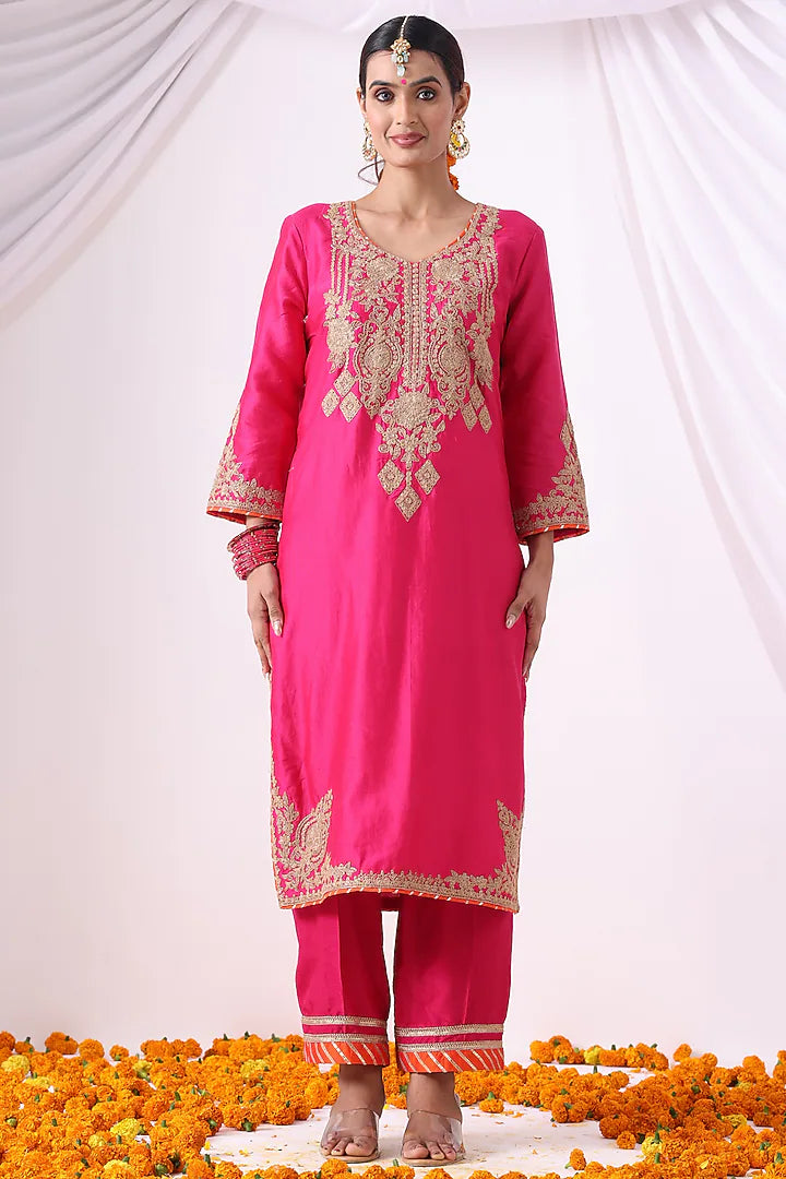 Magenta Pink Banarasi Chanderi Zari Embroidered Kurta Set