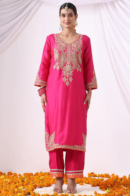 Magenta Pink Banarasi Chanderi Zari Embroidered Kurta Set