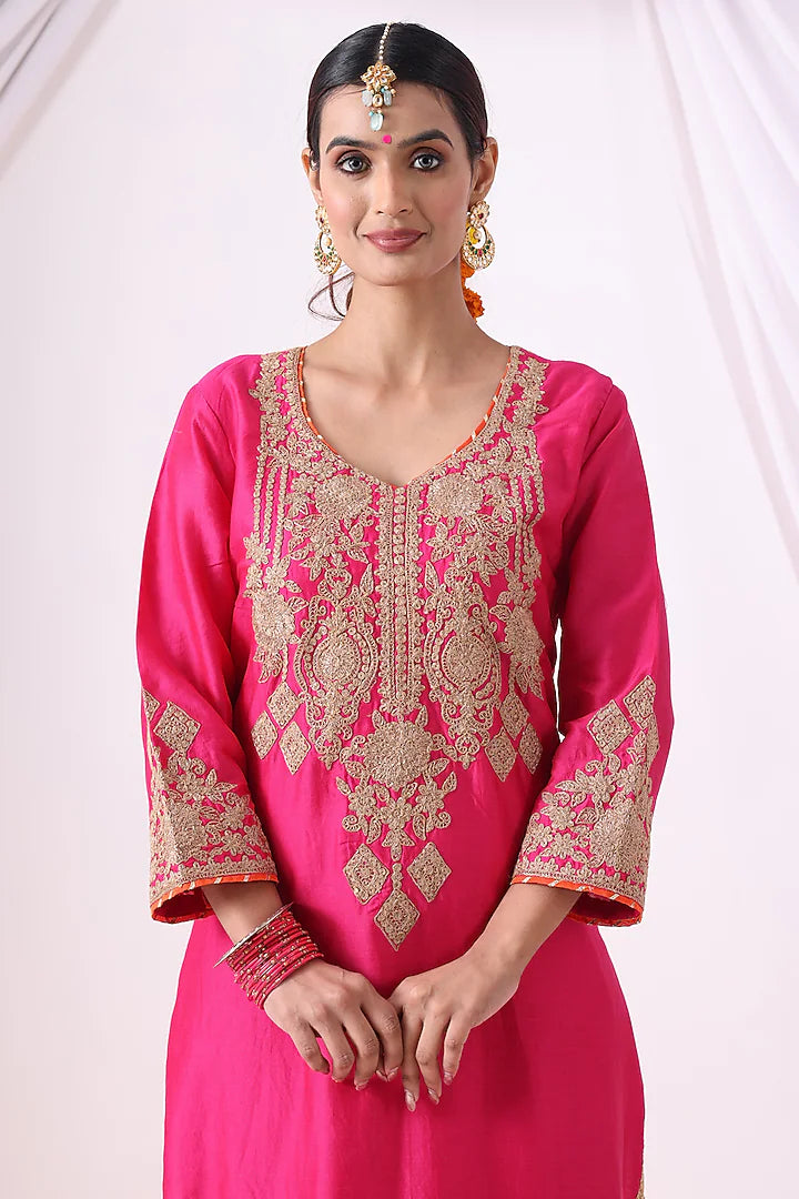 Magenta Pink Banarasi Chanderi Zari Embroidered Kurta Set
