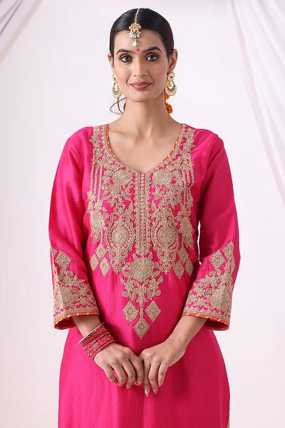 Magenta Pink Banarasi Chanderi Zari Embroidered Kurta Set