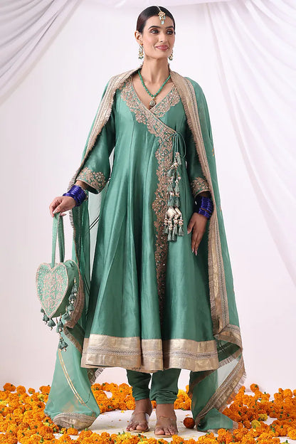 Emerald Green Banarasi Chanderi Zari Embroidered Angrakha Set