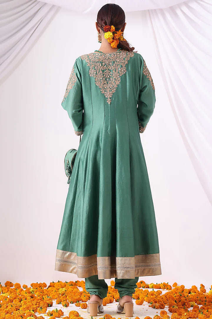 Emerald Green Banarasi Chanderi Zari Embroidered Angrakha Set