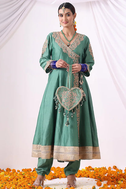 Emerald Green Banarasi Chanderi Zari Embroidered Angrakha Set