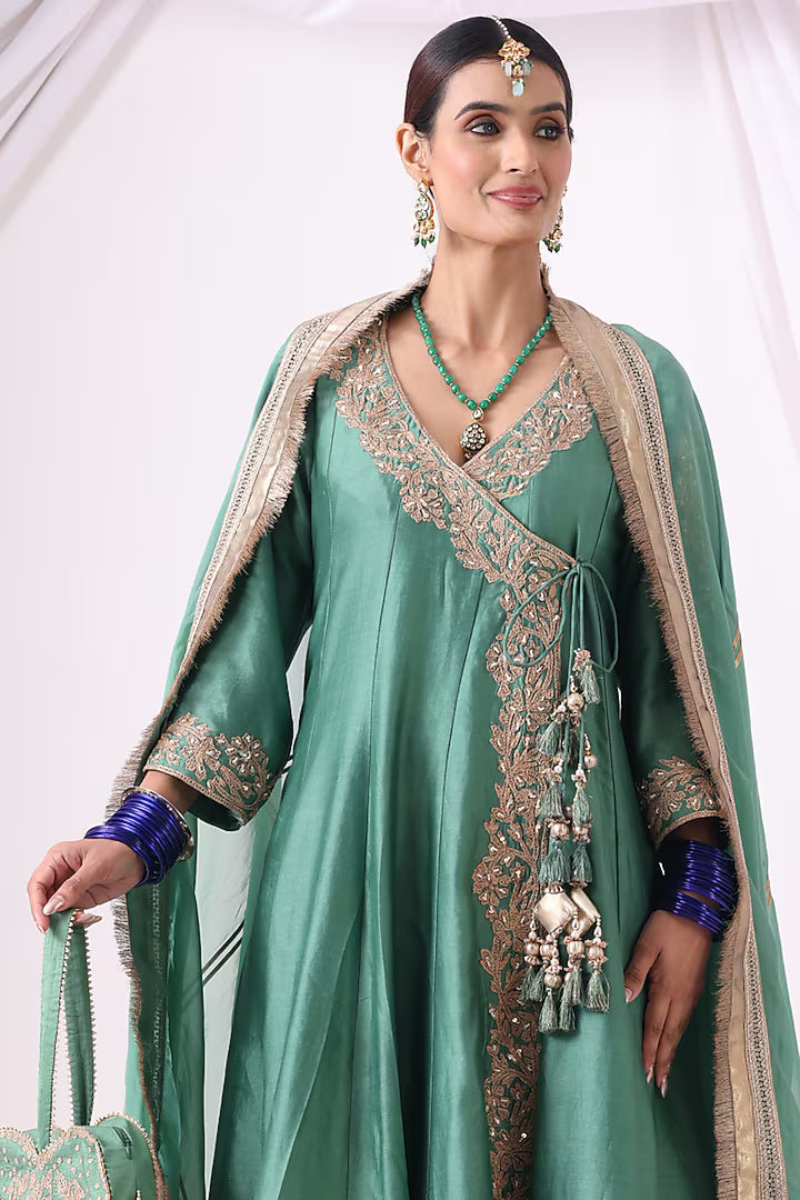 Emerald Green Banarasi Chanderi Zari Embroidered Angrakha Set