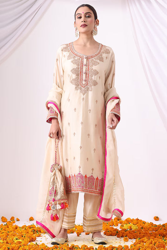 Ivory Banarasi Chanderi Zari Embroidered Kurta Set