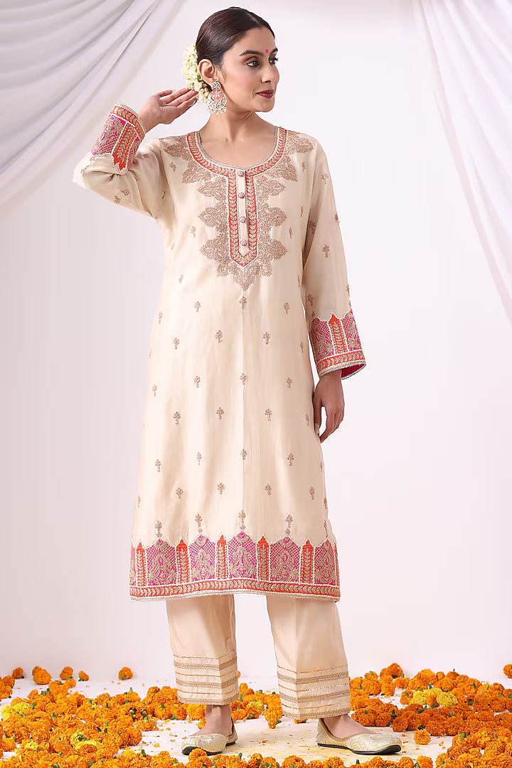 Ivory Banarasi Chanderi Zari Embroidered Kurta Set