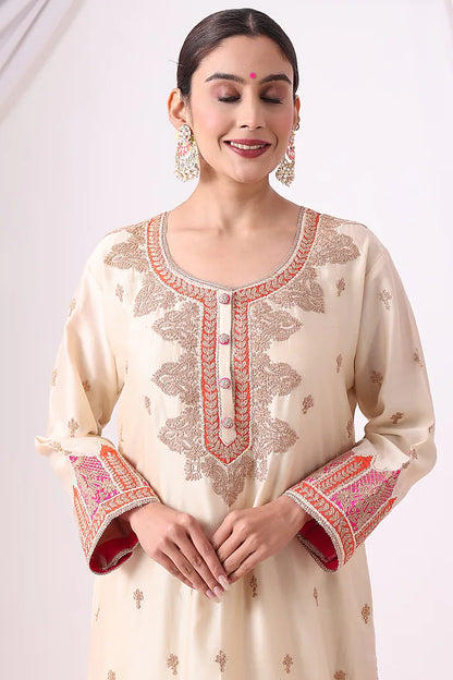 Ivory Banarasi Chanderi Zari Embroidered Kurta Set