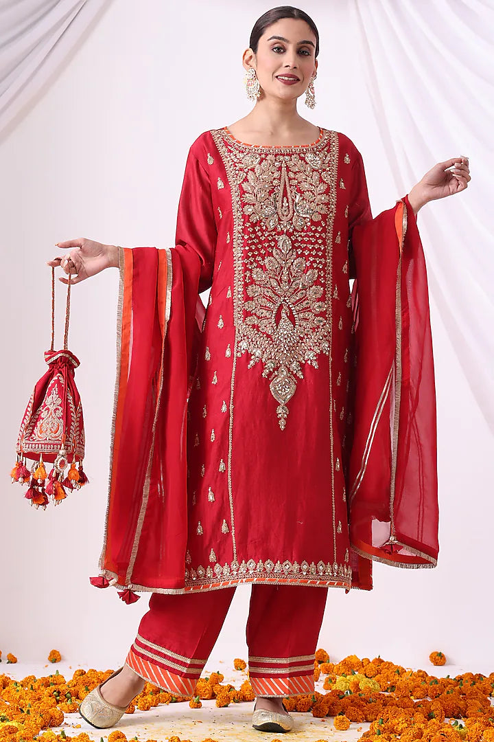 Red Banarasi Chanderi Zari Embroidered Kurta Set
