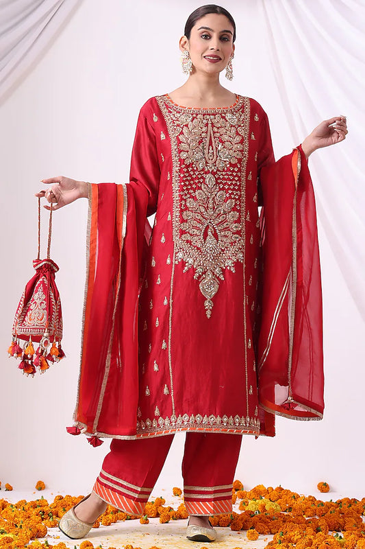 Red Banarasi Chanderi Zari Embroidered Kurta Set