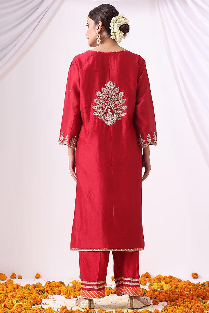 Red Banarasi Chanderi Zari Embroidered Kurta Set