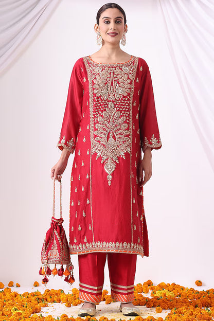 Red Banarasi Chanderi Zari Embroidered Kurta Set