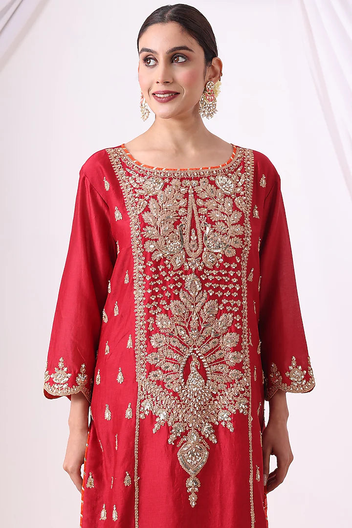 Red Banarasi Chanderi Zari Embroidered Kurta Set