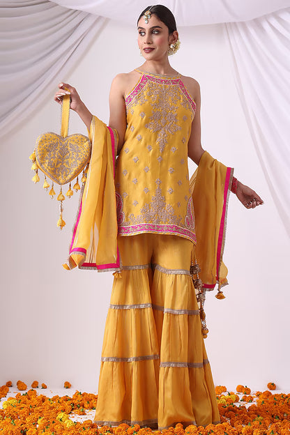 Mustard Dola Silk Gharara Set